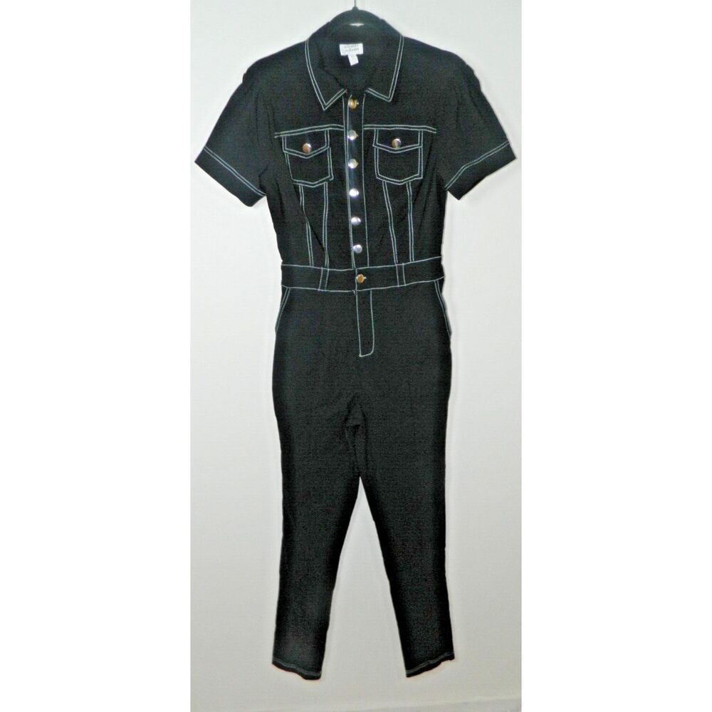 Unique Vintage Jumpsuit Medium Black White Button Front Short Sleeve Stretchy
